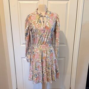 Floral Tie-Neck Midi Dress in Pink & Cream Medium